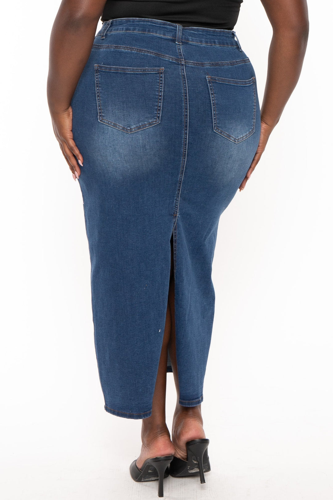 Wax Jean Bottoms Plus Size Daphnee  Denim Midi Skirt- Dark Wash