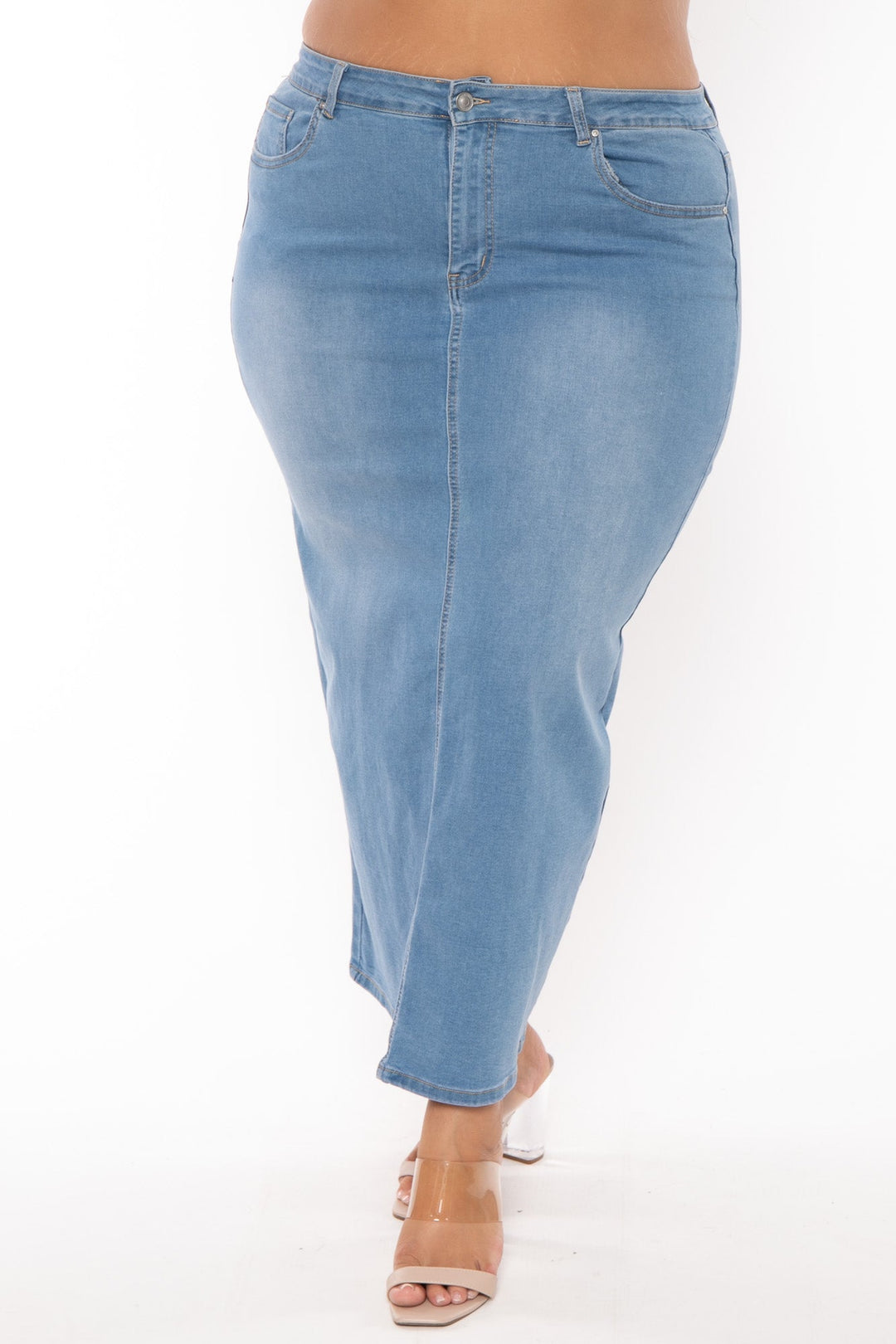 Wax Jean Bottoms Plus Size Daphnee  Denim Midi Skirt- Light Wash