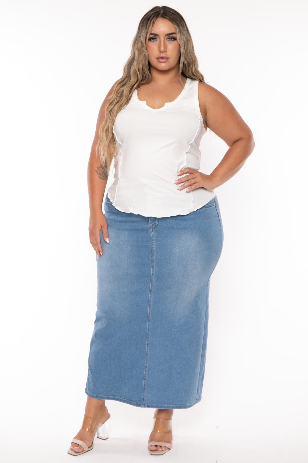 Wax Jean Bottoms Plus Size Daphnee  Denim Midi Skirt- Light Wash