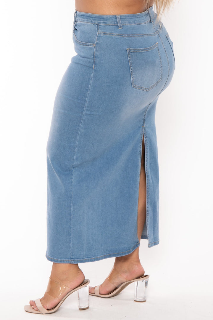 Wax Jean Bottoms Plus Size Daphnee  Denim Midi Skirt- Light Wash