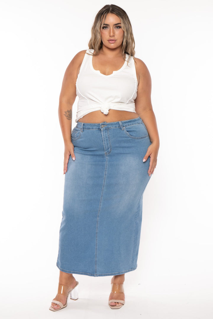 Wax Jean Bottoms Plus Size Daphnee  Denim Midi Skirt- Light Wash