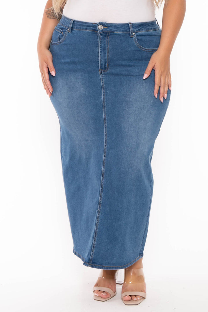 Wax Jean Bottoms Plus Size Daphnee  Denim Midi Skirt- Medium Wash