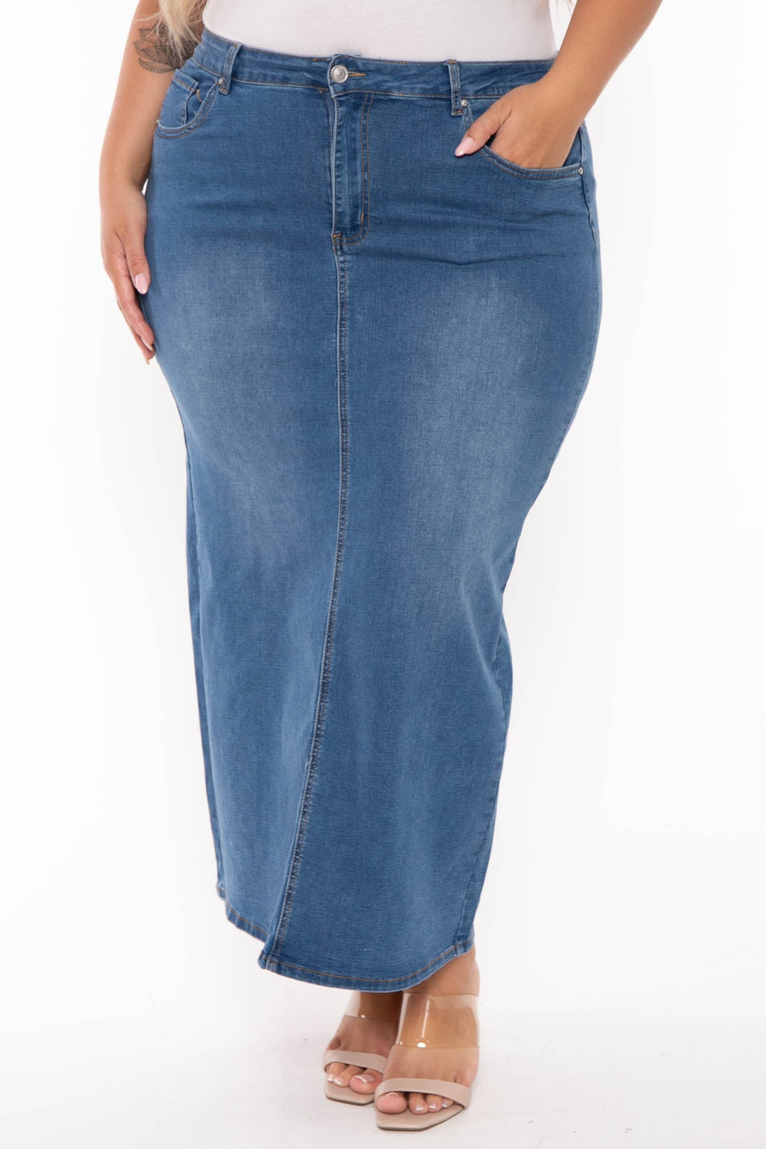 Wax Jean Bottoms Plus Size Daphnee  Denim Midi Skirt- Medium Wash