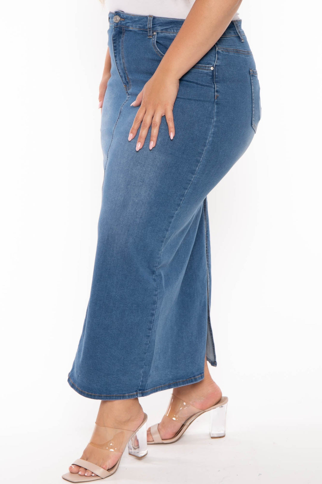 Wax Jean Bottoms Plus Size Daphnee  Denim Midi Skirt- Medium Wash