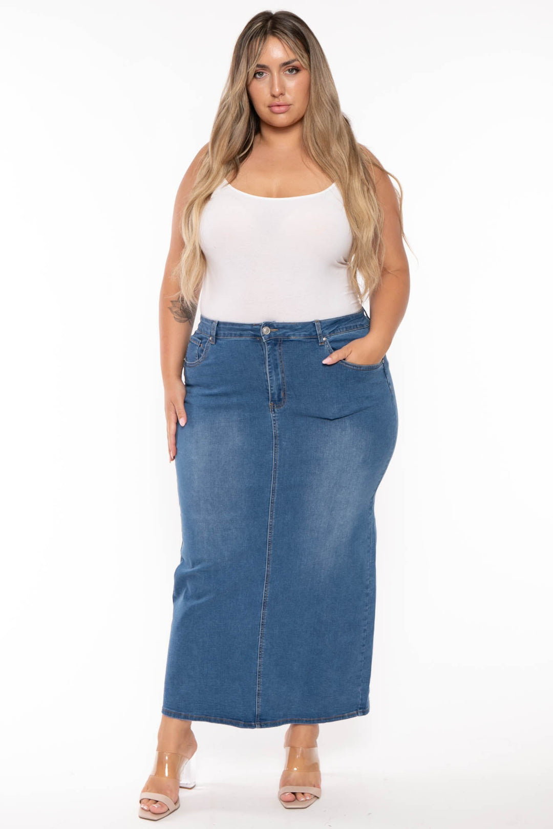 Wax Jean Bottoms Plus Size Daphnee  Denim Midi Skirt- Medium Wash