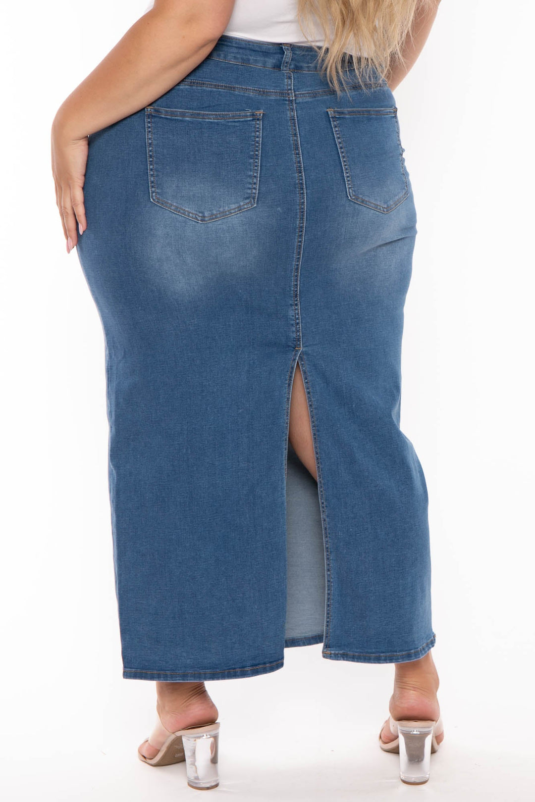 Wax Jean Bottoms Plus Size Daphnee  Denim Midi Skirt- Medium Wash