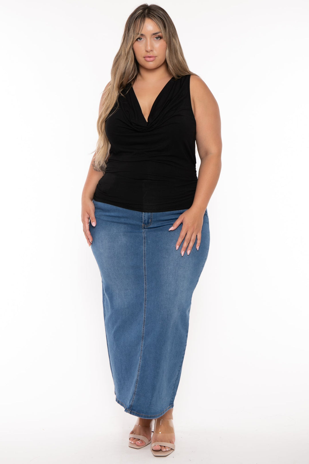 Wax Jean Bottoms Plus Size Daphnee  Denim Midi Skirt- Medium Wash