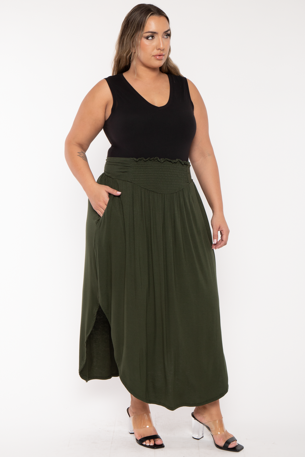 CULTURE CODE Bottoms Plus Size Darby Smocked  Maxi Skirt- Olive