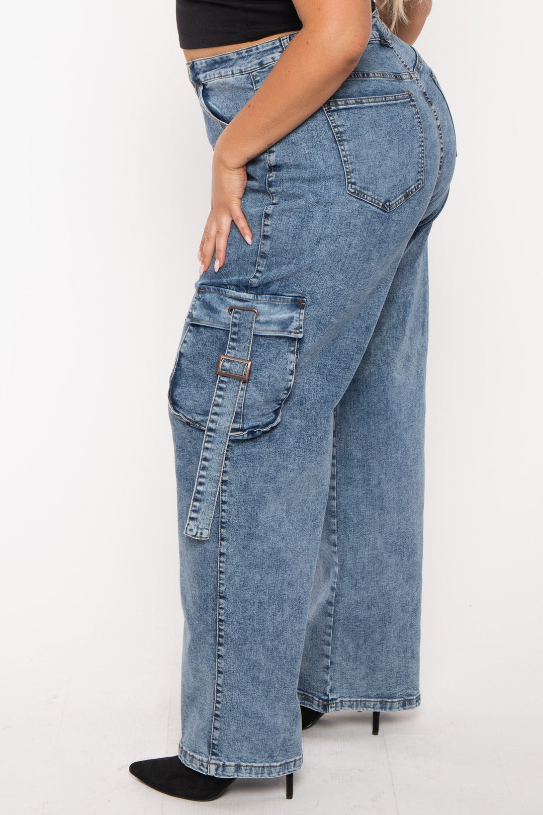 American Bazi Bottoms Plus Size  Denim Utility Cargo  Pants - Blue