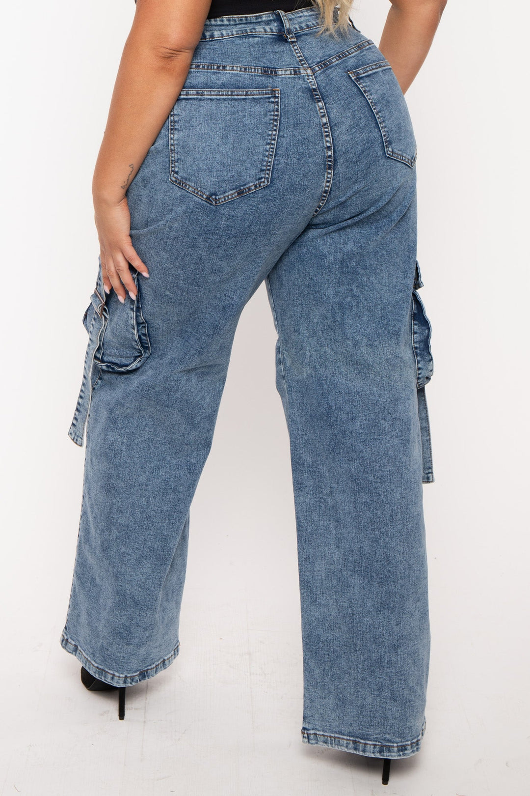 American Bazi Bottoms Plus Size  Denim Utility Cargo  Pants - Blue