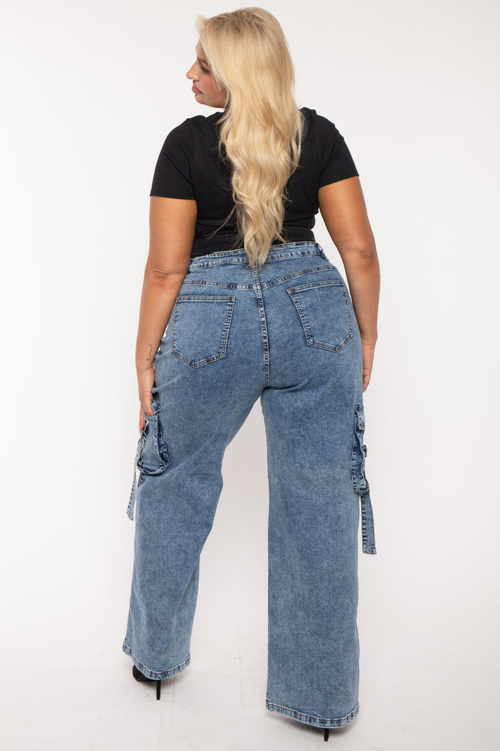 American Bazi Bottoms Plus Size  Denim Utility Cargo  Pants - Blue