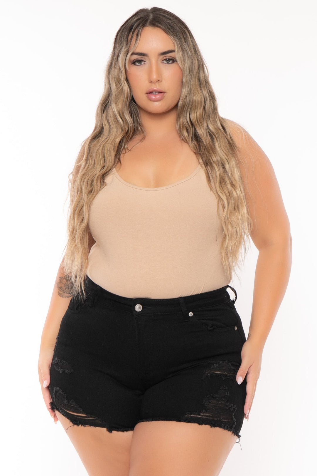 Wax Jean Bottoms Plus Size Destroyed Denim Short - Black