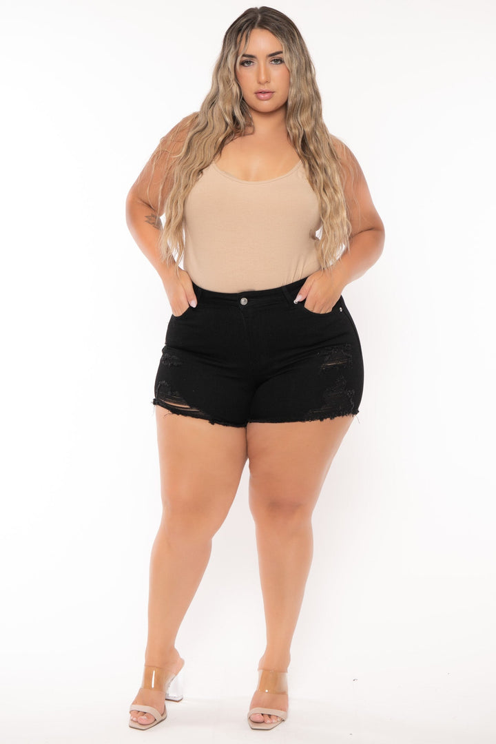 Wax Jean Bottoms Plus Size Destroyed Denim Short - Black