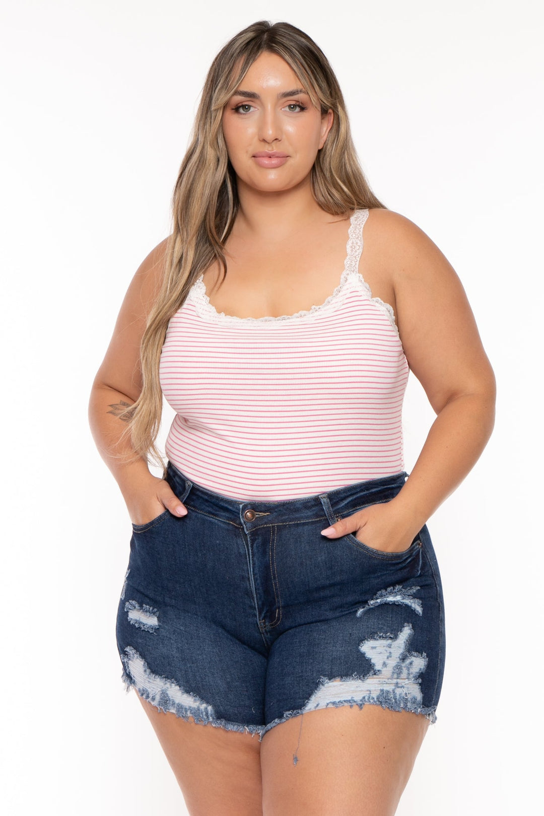 GEE GEE Bottoms Plus Size Destroyed Denim Short - Dark Wash