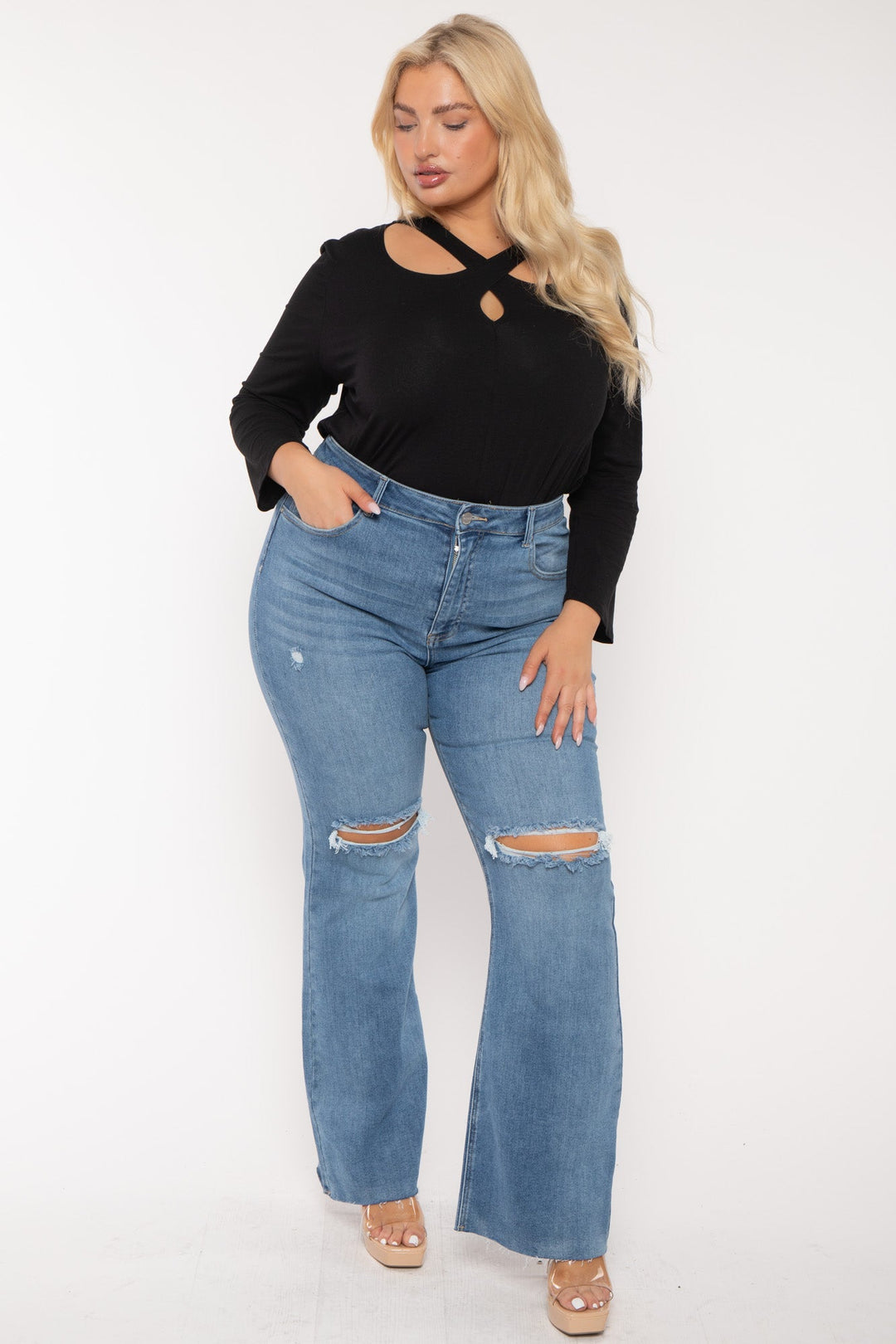 Risen Bottoms Plus Size  Distress Flare  Denim Pants - Blue