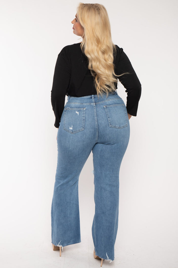 Risen Bottoms Plus Size  Distress Flare  Denim Pants - Blue