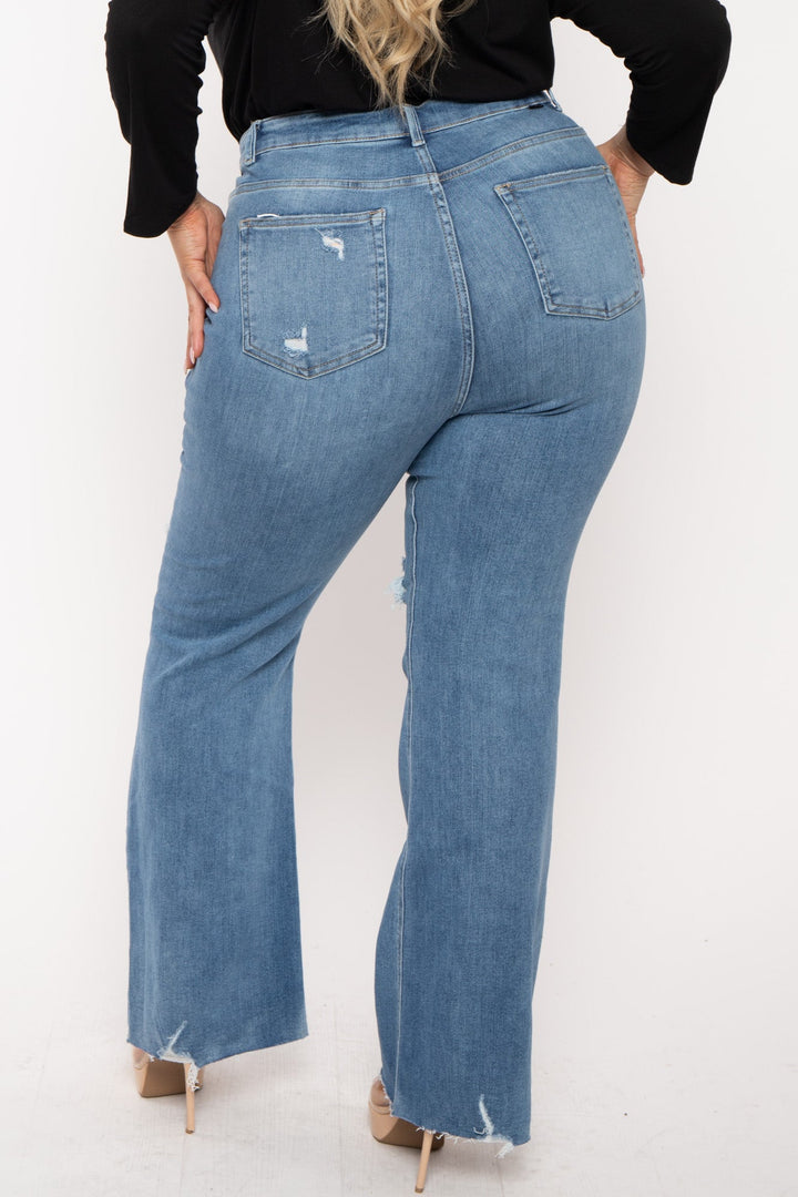 Risen Bottoms Plus Size  Distress Flare  Denim Pants - Blue