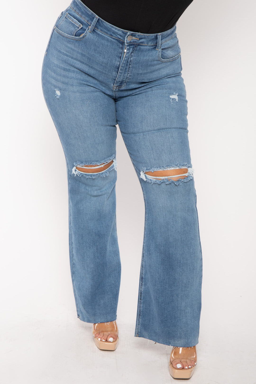 Risen Bottoms Plus Size  Distress Flare  Denim Pants - Blue