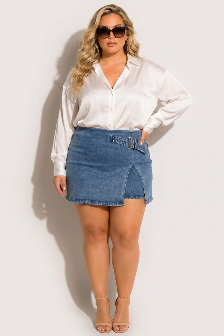 Style Tree Bottoms Plus Size Downtown Denim Skort - Dark  Wash