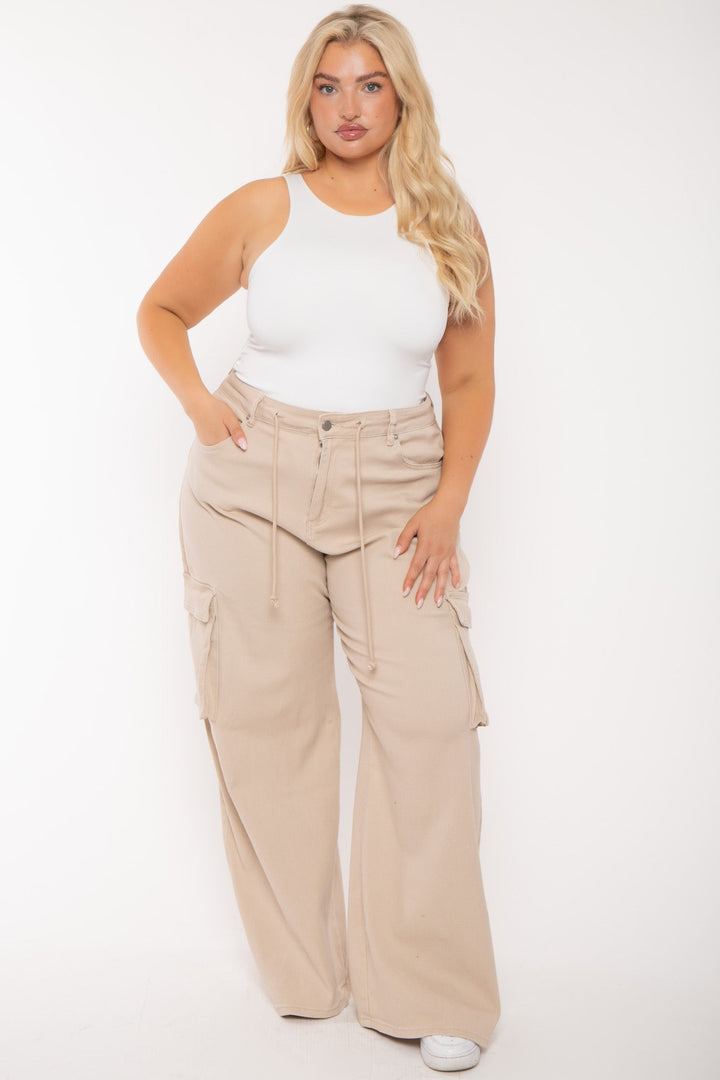 American Bazi Bottoms Plus Size  Draw String  Cargo  Pants - Tan