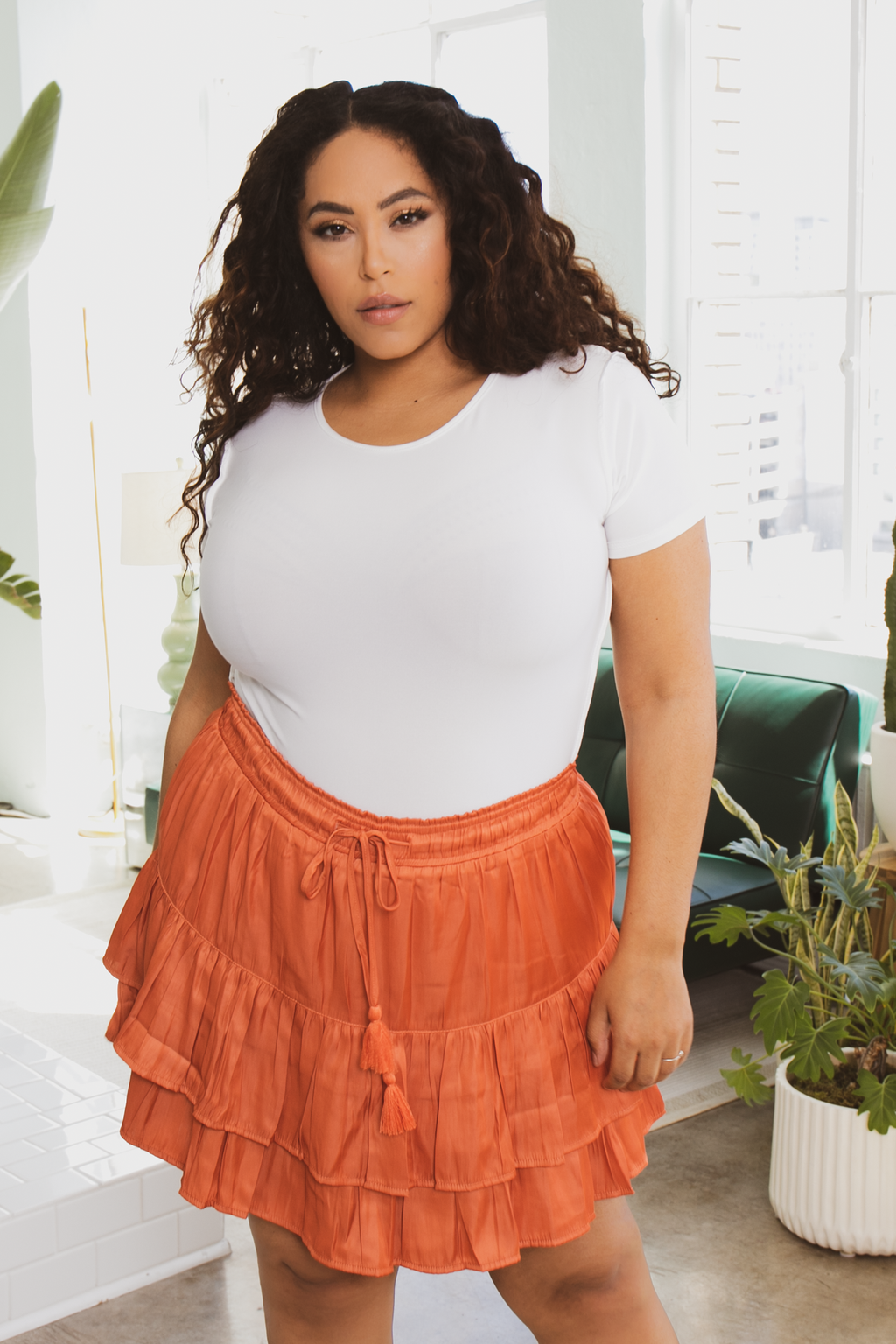 Women s Plus Size Drawstring Tiered Mini Skirt Peach Curvy Sense