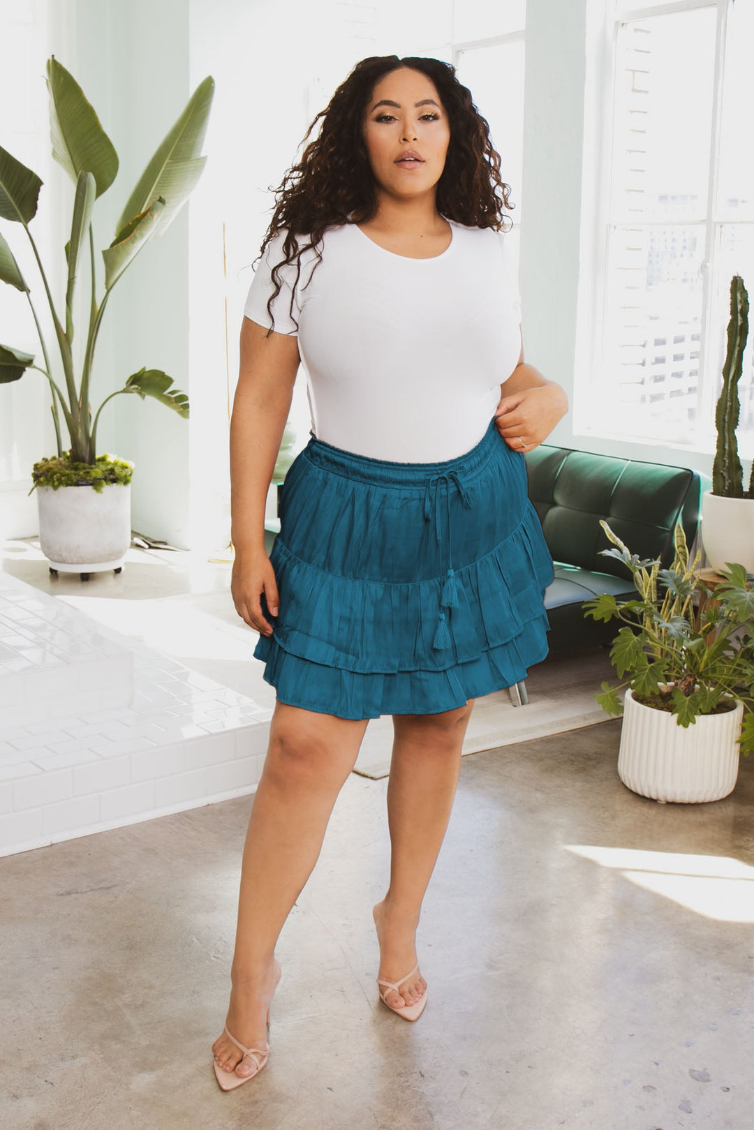 Jade By Jane Bottoms Plus Size Drawstring Tiered Mini Skirt- Teal