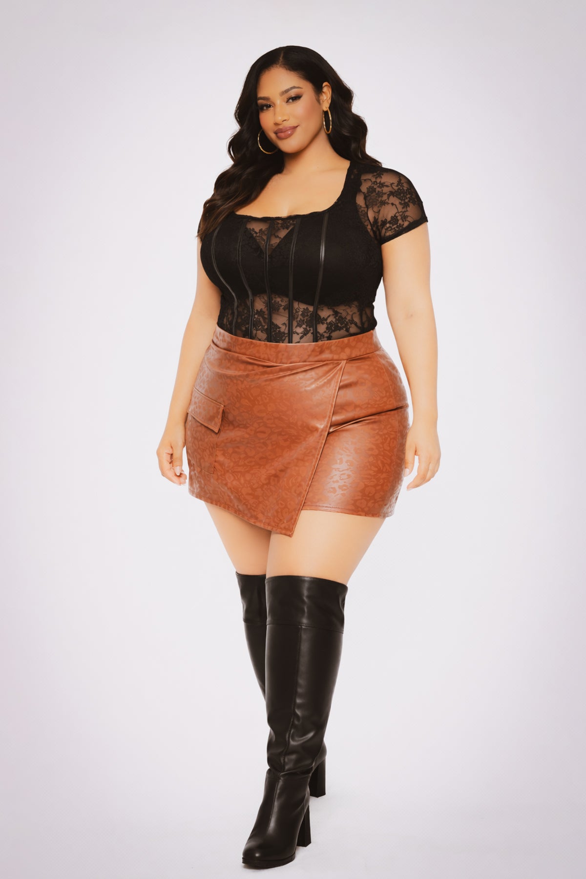 Women's Plus Size Ena Vegan Leather Skort- Brown - Curvy Sense