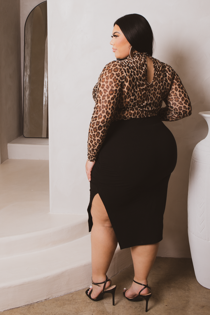 Curvy Sense Bottoms Plus Size Femi Rouched Midi  Skirt- Black