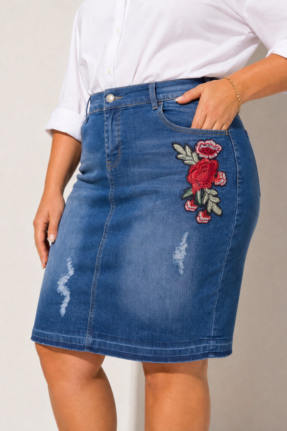 G Gossip Bottoms Plus Size Floral Charm Distressed Denim Skirt - Medium Wash