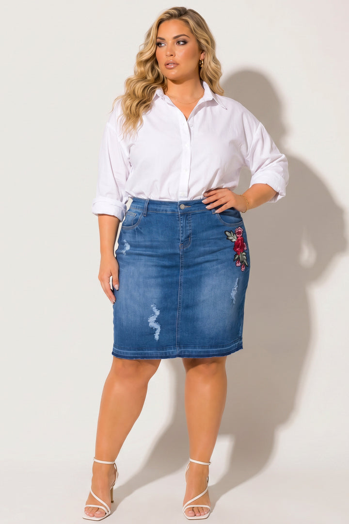G Gossip Bottoms Plus Size Floral Charm Distressed Denim Skirt - Medium Wash