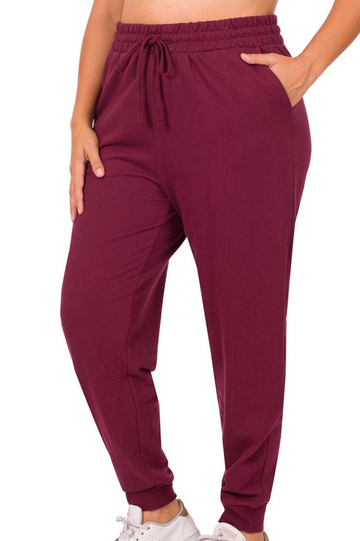 ZENANA Bottoms Plus Size French terry Jogger - Burgundy