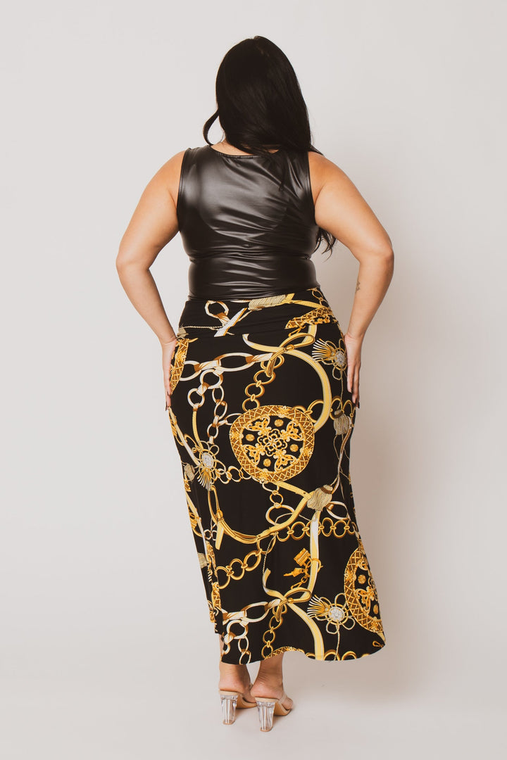 Moa Collection Bottoms Plus Size  Gianna Chain Print Skirt - Black