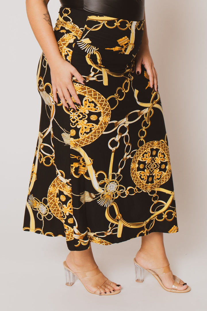 Moa Collection Bottoms Plus Size  Gianna Chain Print Skirt - Black