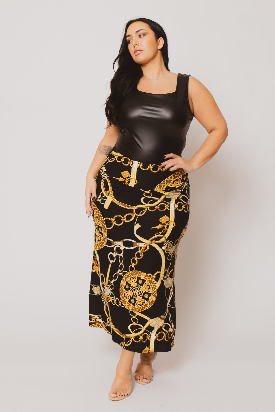 Moa Collection Bottoms Plus Size  Gianna Chain Print Skirt - Black