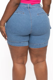 American Bazi Bottoms Plus Size High Rise  Cargo  Denim Shorts - Blue