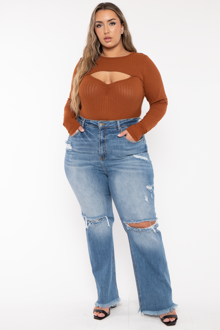 Risen Bottoms Plus Size  High Rise Distress  Denim Pants - Blue