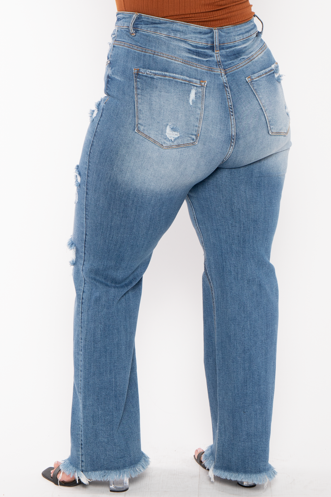 Risen Bottoms Plus Size  High Rise Distress  Denim Pants - Blue