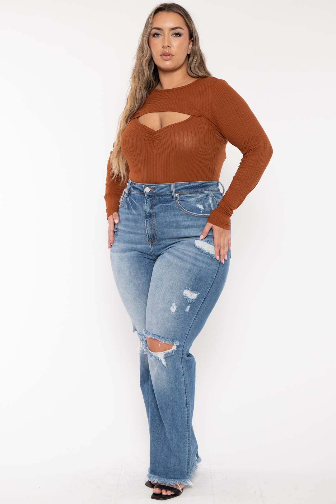 Risen Bottoms Plus Size  High Rise Distress  Denim Pants - Blue