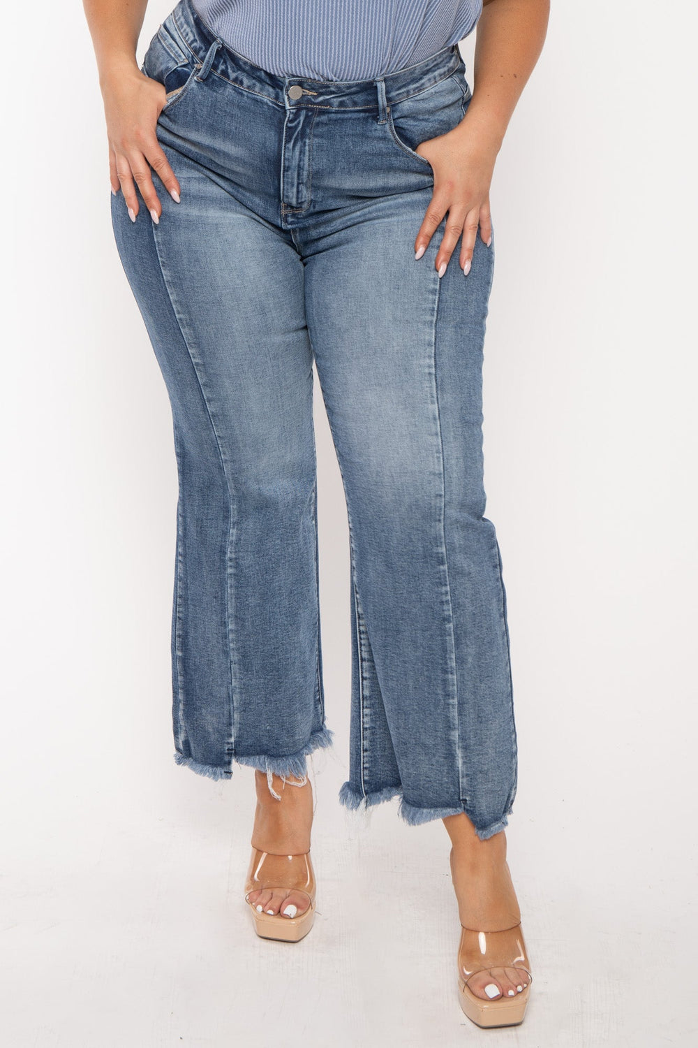 Risen Bottoms Plus Size  High Rise Flare Denim Pants - Blue