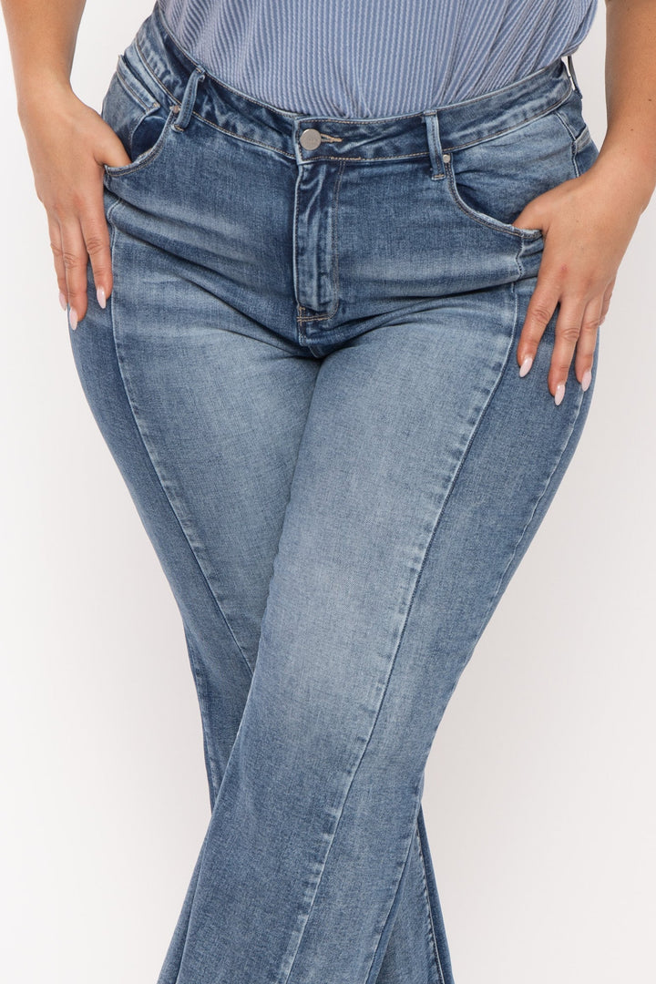 Risen Bottoms Plus Size  High Rise Flare Denim Pants - Blue