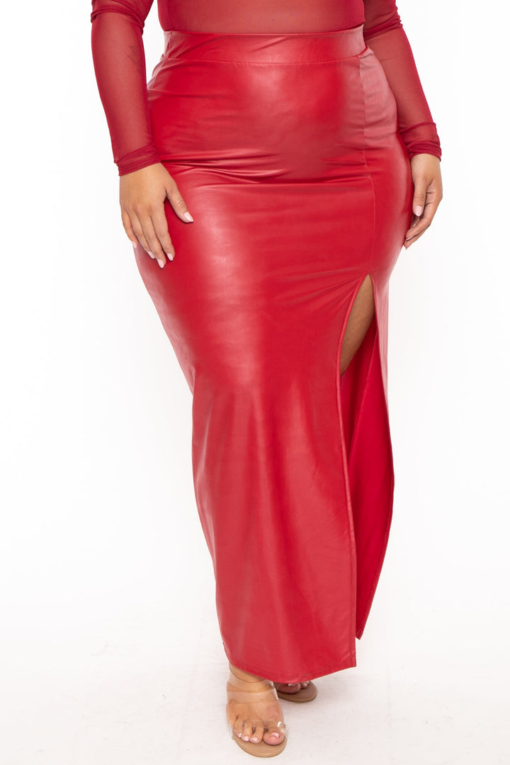 Curvy Sense Bottoms Plus Size Jani Faux Leather Maxi Skirt - Red