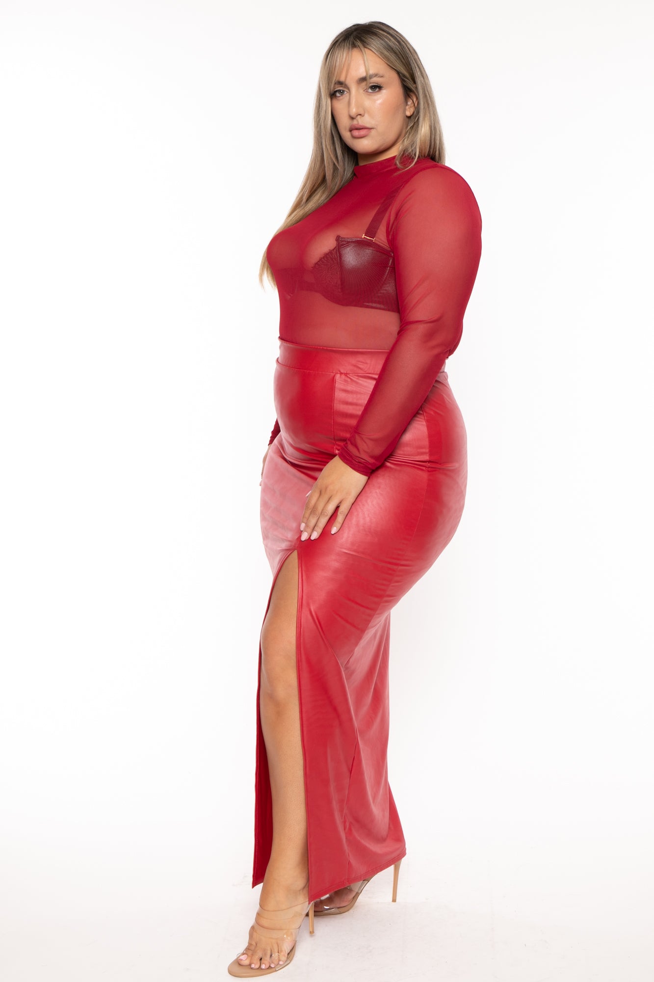 Plus Size Jani Faux Leather Maxi Skirt Red Curvy Sense