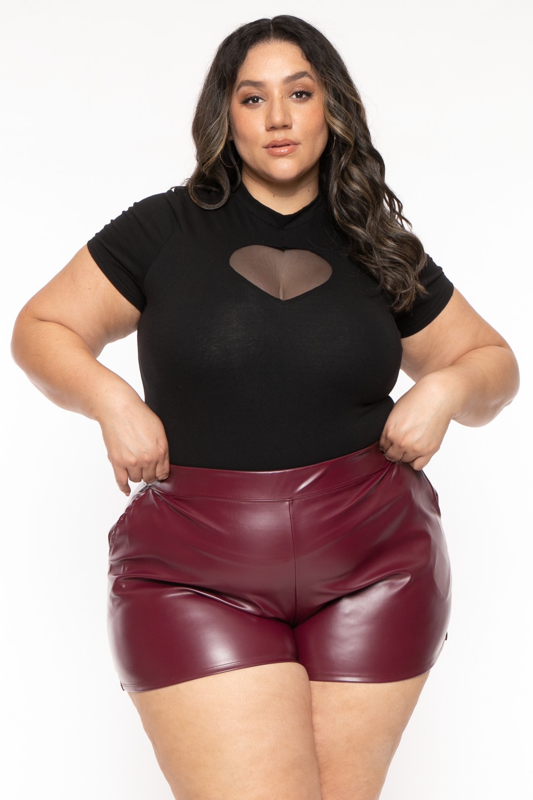 Curvy Sense Bottoms Plus Size  Jayme Vegan Leather Shorts- Burgundy