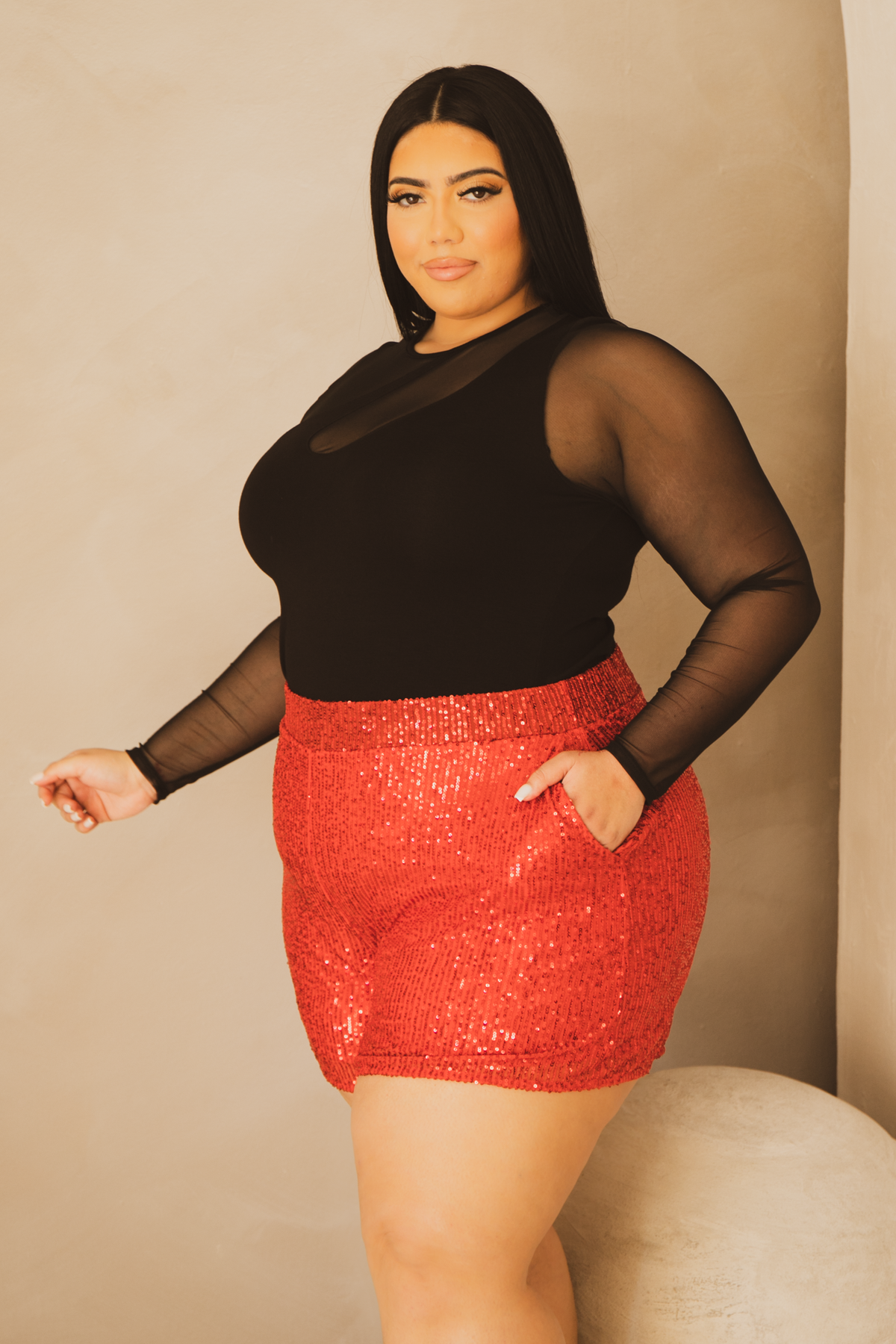 Plus Size Jemila Sequin Short- Red 1X / Red at Curvy Sense
