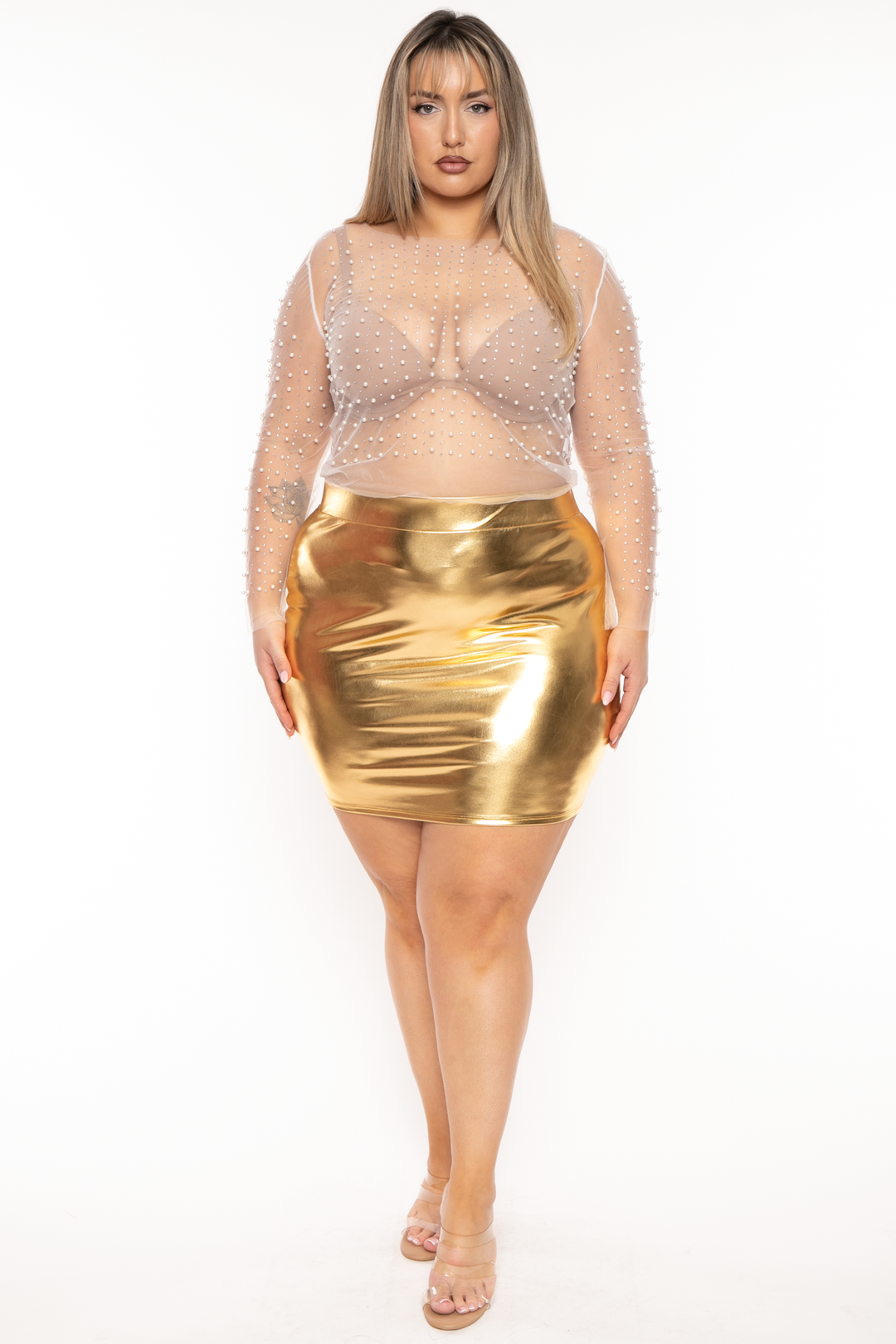 Curvy Sense Bottoms Plus Size Jenna Metallic  Mini Skirt -Gold