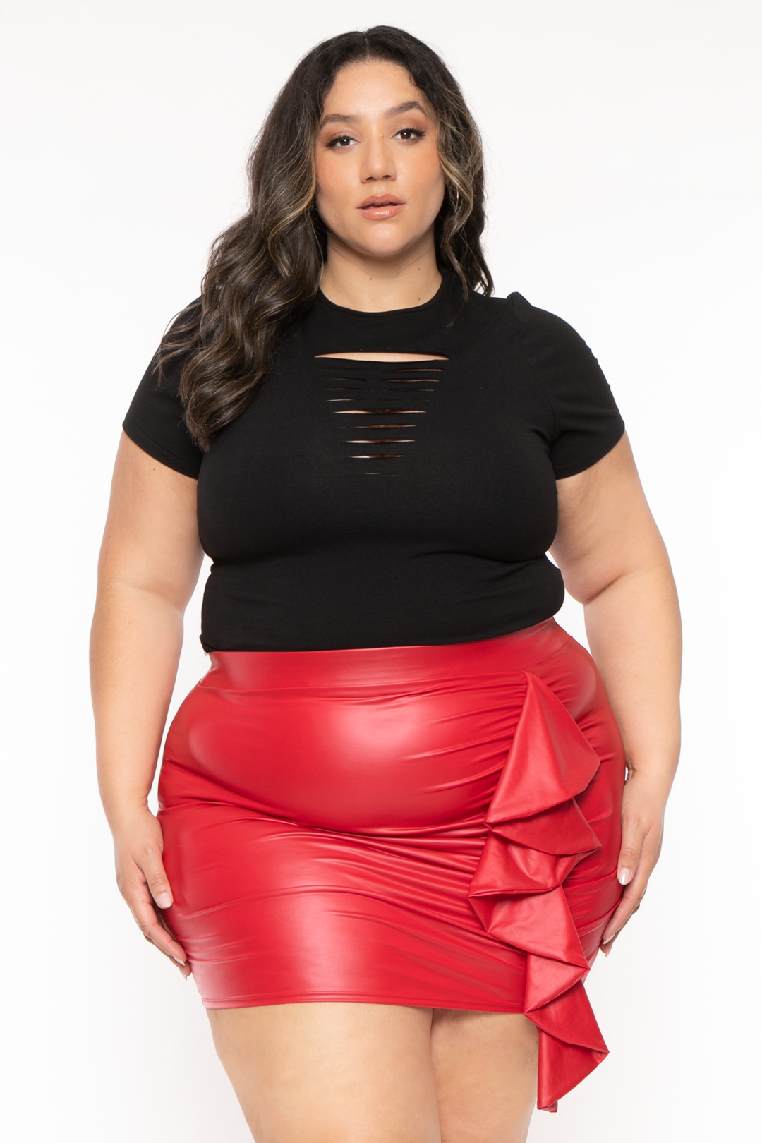 Curvy Sense Bottoms Plus Size Kady Faux Leather Mini Skirt - Red
