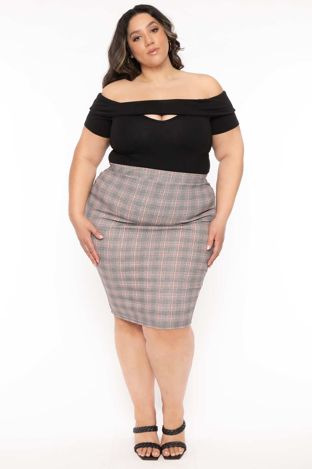 Curvy Sense Bottoms Plus Size Karalline Plaid Midi Skirt-Multi