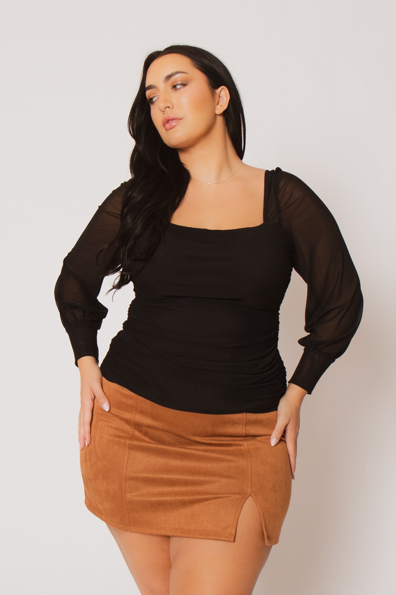 Women's Plus Size Kendra Faux Suede Mini Skirt - Camel - Curvy Sense