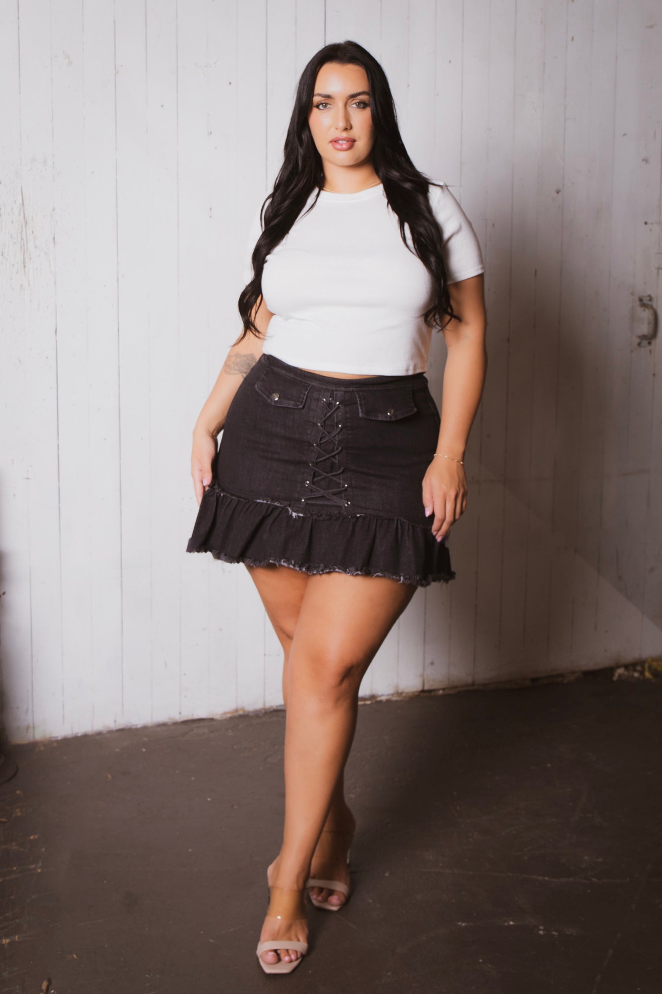 Plus Size Lace up Denim Mini Skort - Black – Curvy Sense