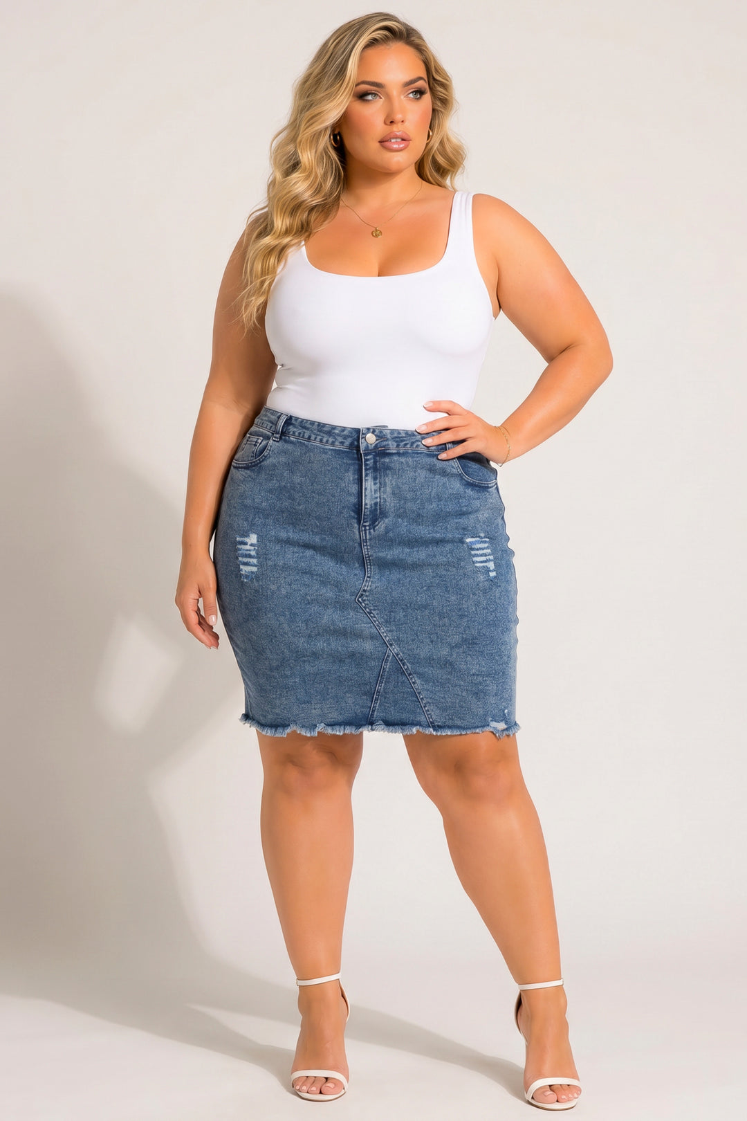 Style Tree Bottoms Plus Size Love Distressed Skirt - Dark  Wash